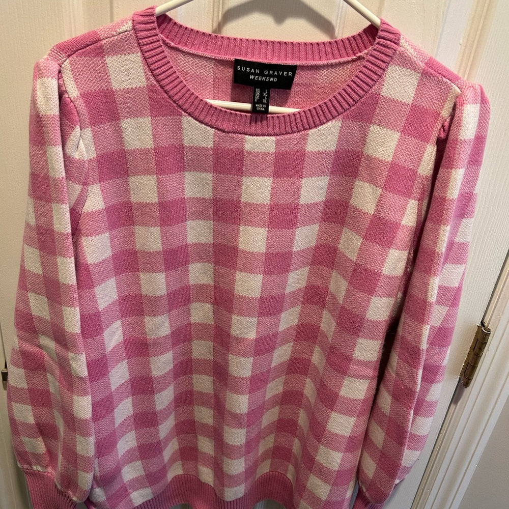 Susan Graver Pink and White Gingham Sweater